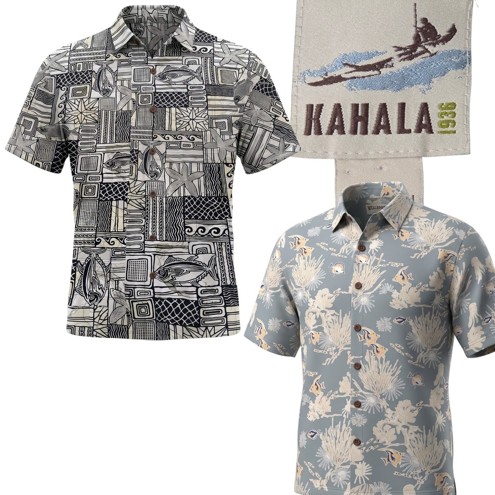 Kahala Button Down Shirt Mens XL Blue Tan Fish Starfish Geometric Aloha Hawaii
